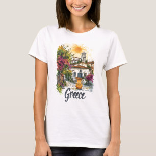Camiseta Grécia de Aquarela: Cena de Aldeia com Flores