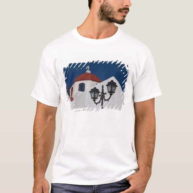 Camiseta Grécia, Mykonos, Capela com cúpula vermelha e (Frente)