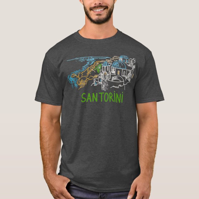 Camiseta Grécia Santorini Homens de Arte Desenhados à Mão Ú (Frente)