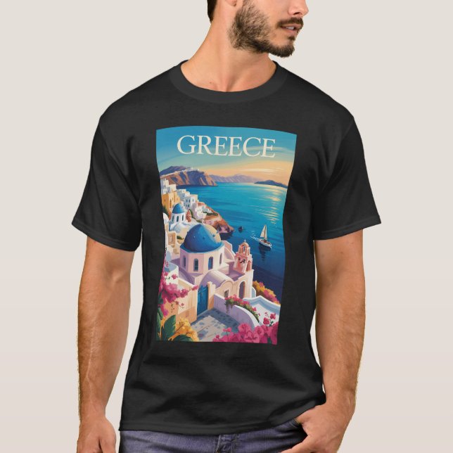 Camiseta Grécia Santorini Ilustração Viagem Art Vintage (Frente)