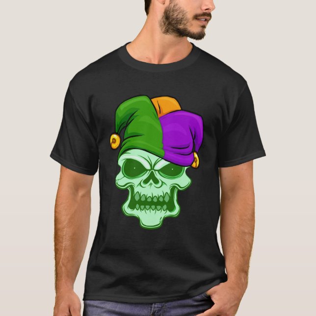 Camiseta Green Skull Face Mardi Gras Jester Hat Louisiana C (Frente)