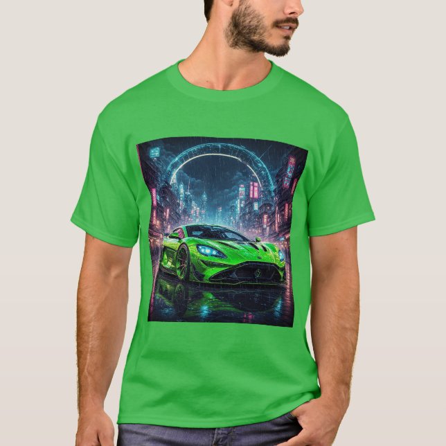 Camiseta Green Sports Car na Rainy Neon Street (Frente)