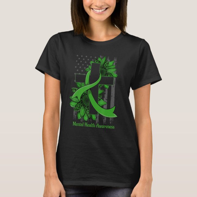 Camiseta Green Sunflower Christian Cross Mental Health Awar (Frente)