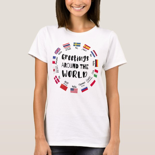 Camiseta Greetings around the world, Hello in all languages (Frente)