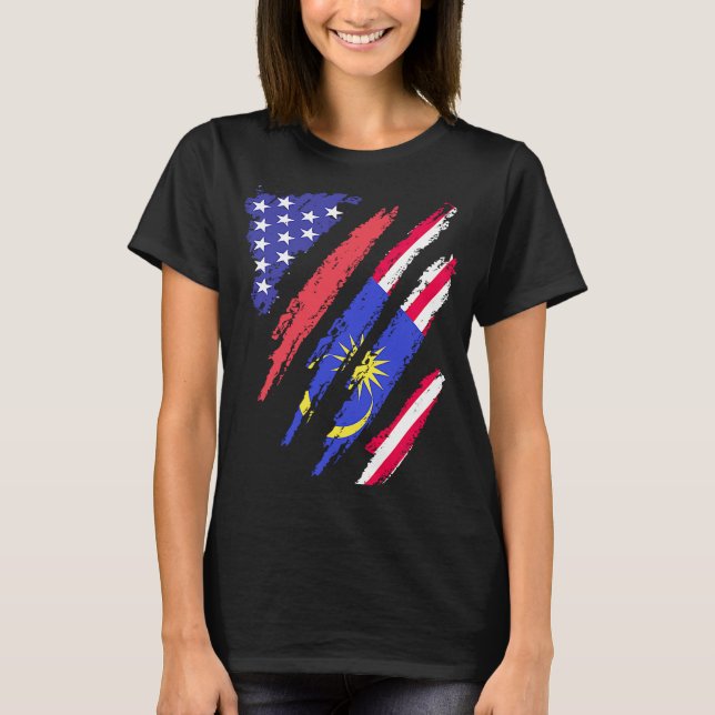 Camiseta Greve de Bandeira do Coração Patriota Malaio-Ameri (Frente)
