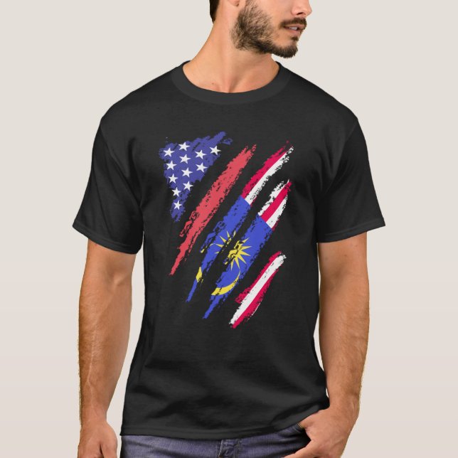 Camiseta Greve de Bandeira do Coração Patriota Malaio-Ameri (Frente)