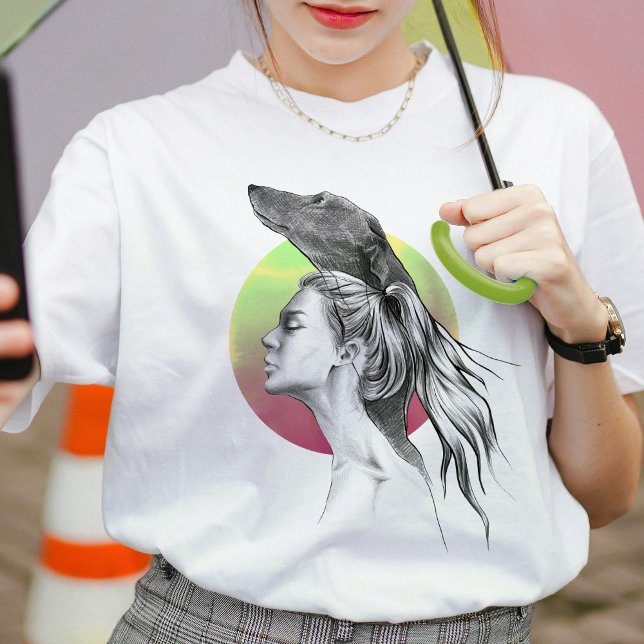 Camiseta Greyhound and Woman Portrait Dog lover Arte Elegan (Criador carregado)