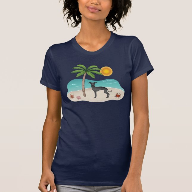 Camiseta Greyhound Italiano Negro Na Praia Tropical De Verã (Frente)