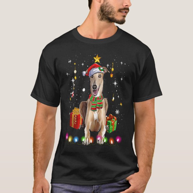 Camiseta Greyhound Santa Funny Christmas Tree Lights Xmas P (Frente)