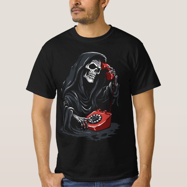 Camiseta Grim Reaper calling on a red phone (Frente)