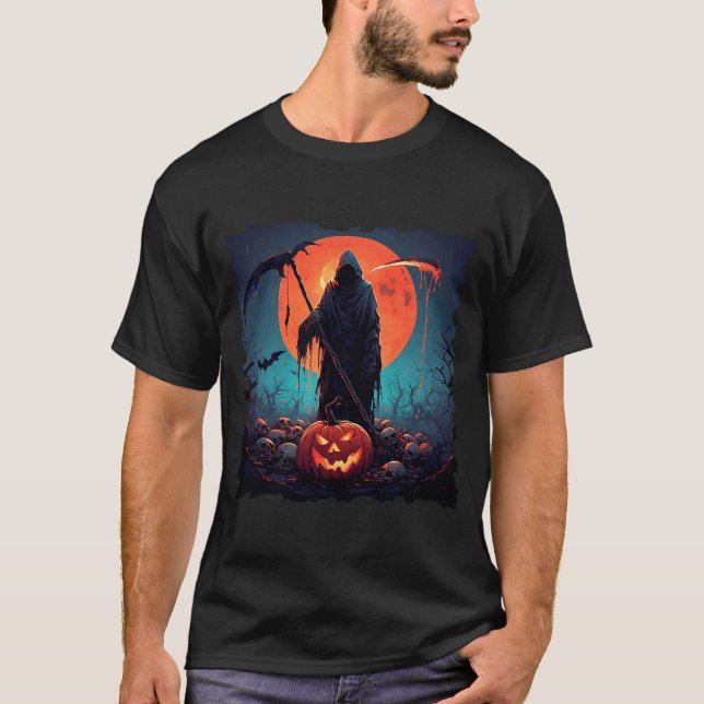 Camiseta Grim Reaper com Abóbora-de-Halloween e Lua Cheia (Frente)