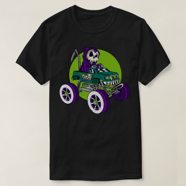 Camiseta Grim Reaper Dirigindo um Hallowee Engraçado de Mon (Frente do Design)