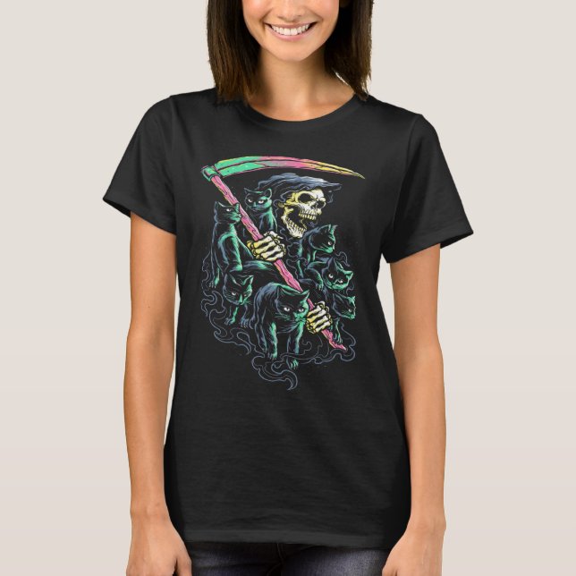 Camiseta Grim Reaper Ride Satan Cat Demonic Evil (Frente)