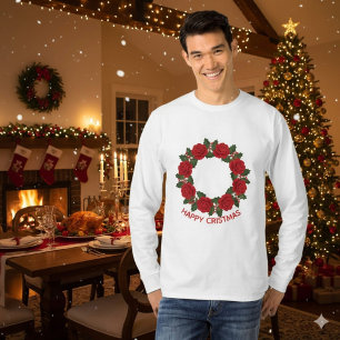 Camiseta Grinalda de Rosa Vermelha Natal Feliz Natal