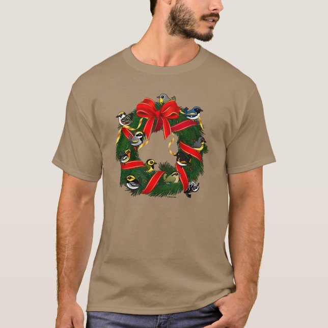 Camiseta Grinalda do Natal das toutinegras de Birdorable (Frente)