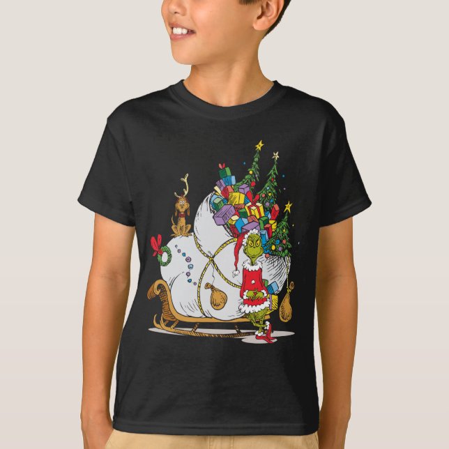 Camiseta Grinch Clássico | Grinch & Max com Trenó (Frente)