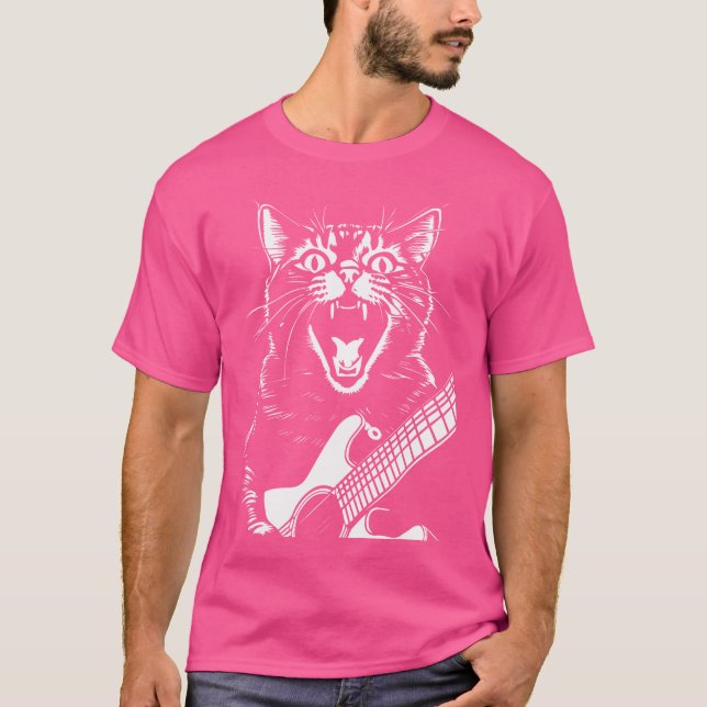 Camiseta Gritando Músico Gato Tocando Violão Acústico (Frente)