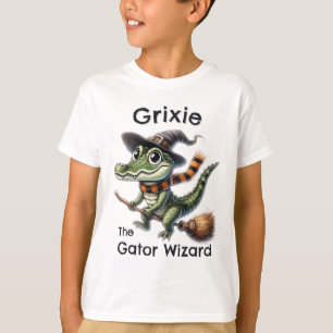 Camiseta Grixie, O Gator Wizard Dirige Broom Halloween