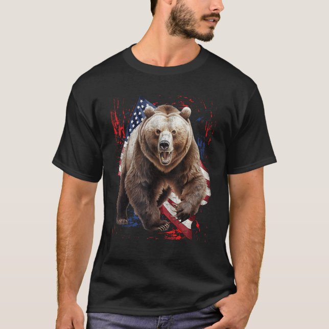 Camiseta Grizzly Bear Grunge American Flag 4th Of July Patr (Frente)