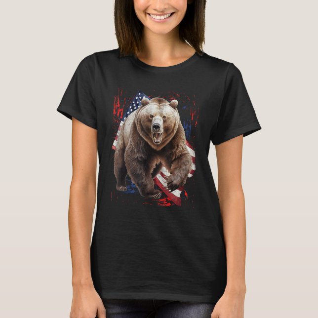 Camiseta Grizzly Bear Grunge American Flag 4th Of July Patr (Frente)