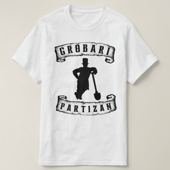 Camiseta Grobari Partizan Crno Beli Grobar Sa Lopatom (Frente do Design)