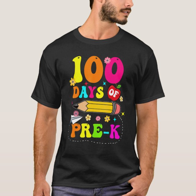 Camiseta Groovy 100 Days Of Pre-K Kids Teacher 100th Day (Frente)