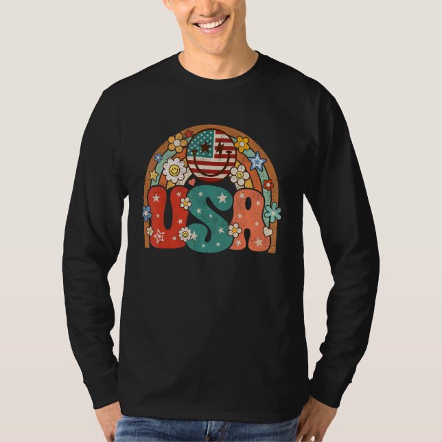 Camiseta Groovy American Flag USA Retro Rainbow Smile Face  (Frente)