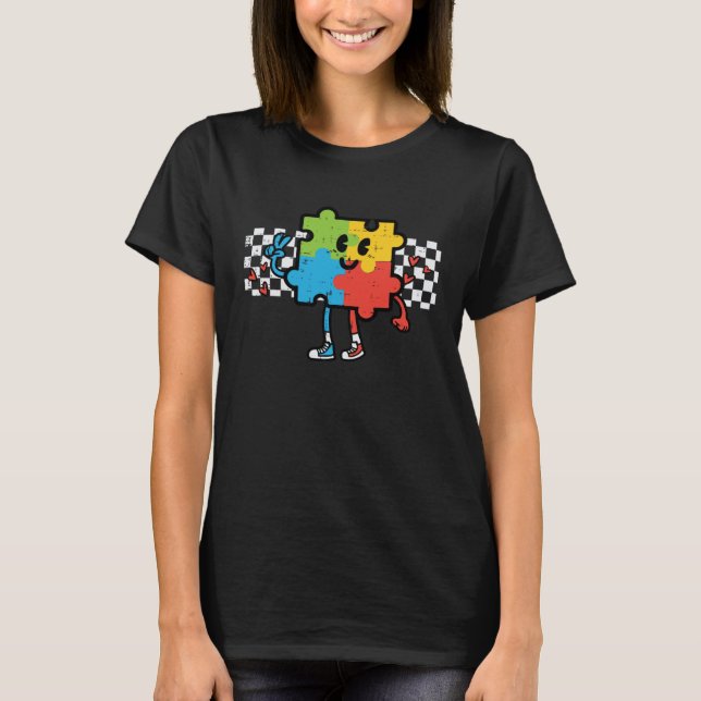 Camiseta Groovy Autism Awareness Puzzle Retro Men Women Kid (Frente)