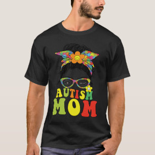 Camiseta Groovy Autism Mamãe Messy Bun Quebra-cabeça Suppor