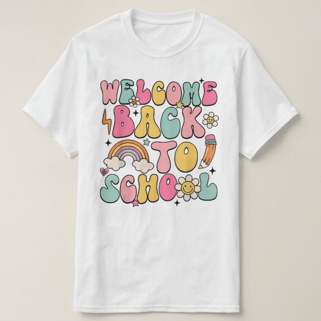 Camiseta Groovy Back to School Shirt – Retro Rainbow Teache (Frente do Design)