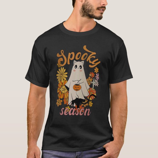 Camiseta Groovy Cat Ghost Spooky Season Cat Lover (Frente)