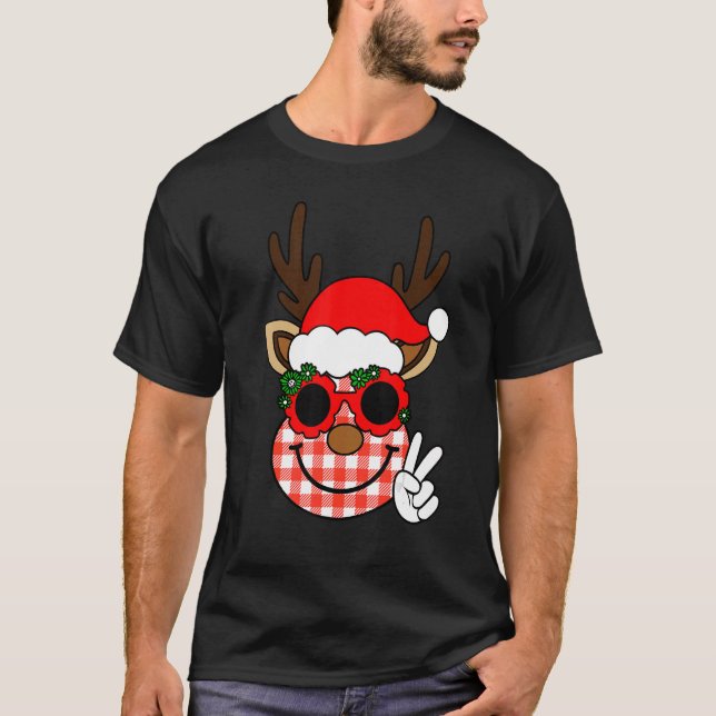 Camiseta Groovy Christmas Reindeer Face Team Papais noeis E (Frente)