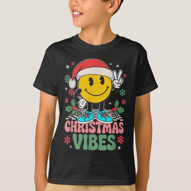 Camiseta Groovy Christmas Vibes sorri Vestindo Santa Hat Xm (Frente)