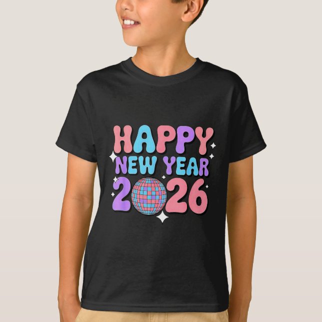 Camiseta Groovy Cute Happy New Year 2026 Disco Ball  (Frente)