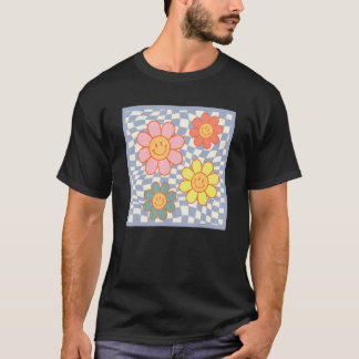 Camiseta Groovy Daisy Flower Happy Face Hippie Checked Fo