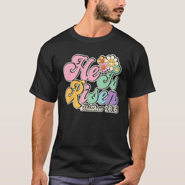 Camiseta Groovy Daisy He Is Risen Floral Jesus Christian Ea (Frente)