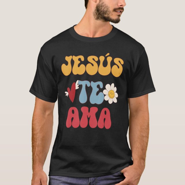 Camiseta Groovy espanhol Jesus ama você cristão dos anos 70 (Frente)