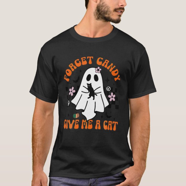 Camiseta Groovy Ghost Black Cat Esquece O Docinho Me Dá Um  (Frente)