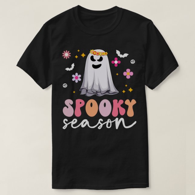 Camiseta Groovy Ghost Spooky Season Retro Halloween Hippie (Frente do Design)