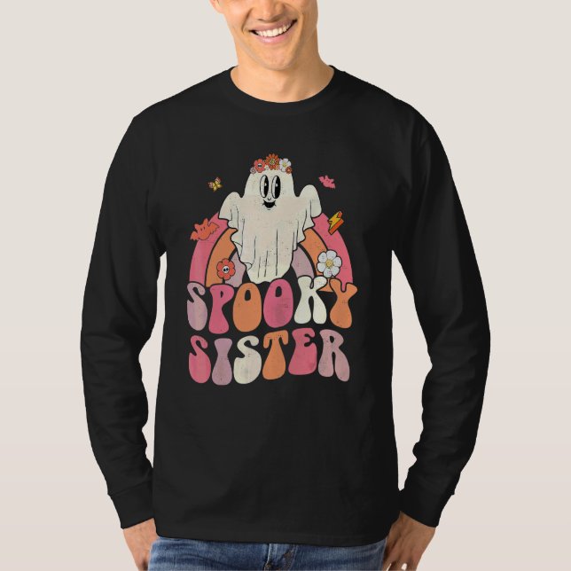Camiseta Groovy Halloween Arco-íris Fantasma Bonito Irmã As (Frente)