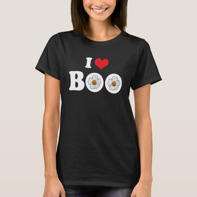 Camiseta Groovy Halloween Floral Pumpkin I Love Boo Heart (Frente)