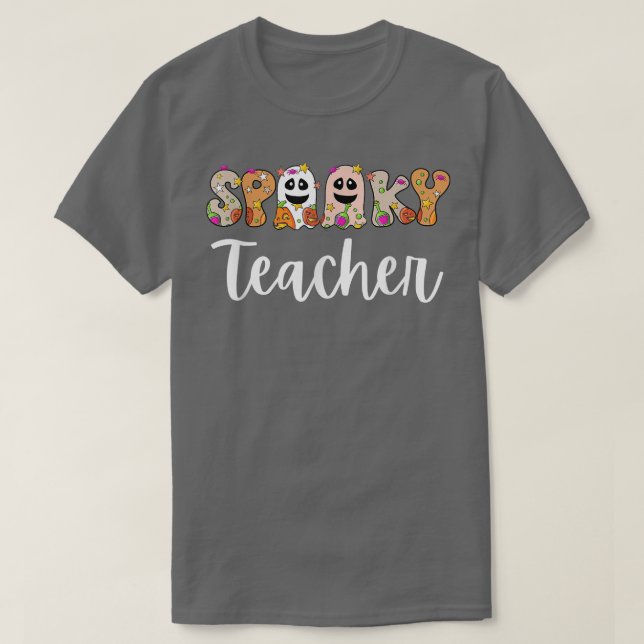 Camiseta Groovy Halloween Spooky Professora Trick Ou Ensino (Frente do Design)