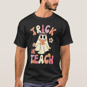 Camiseta Groovy Halloween Truque ou Ensine Floral Retro Fan