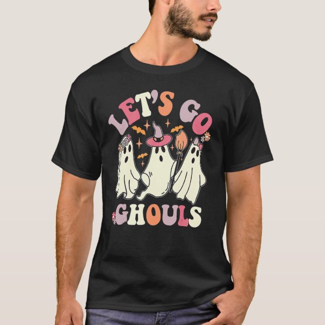 Camiseta Groovy Halloween Vamos Go Ghouls Retro Floral Ghos (Frente)