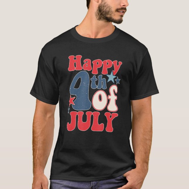 Camiseta Groovy Happy 4th Of July US Flag American 4th Of J (Frente)