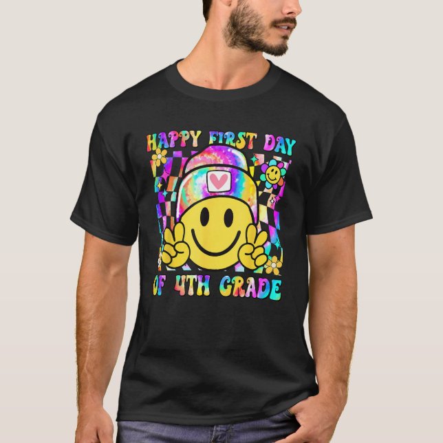 Camiseta Groovy Happy First Day Of 4th Grade Boys Girls Kid (Frente)