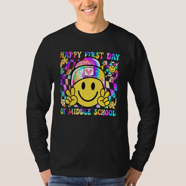 Camiseta Groovy Happy First Day Of Middle School Boys Girls (Frente)