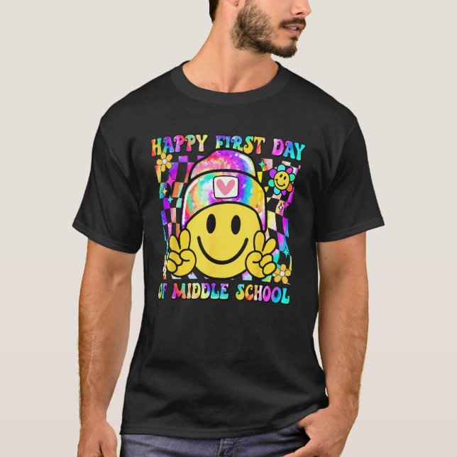 Camiseta Groovy Happy First Day Of Middle School Boys Girls (Frente)