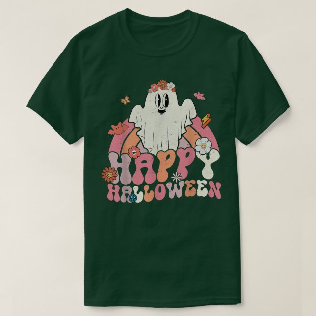 Camiseta Groovy Happy Halloween Rainbow Ghost Boo Spoo (Frente do Design)