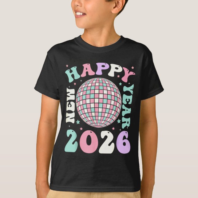 Camiseta Groovy Happy New Year 2026 Disco Ball New Years Ev (Frente)